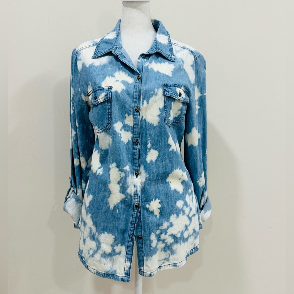 Bleached Denim Button-Up Shirt - Blue White